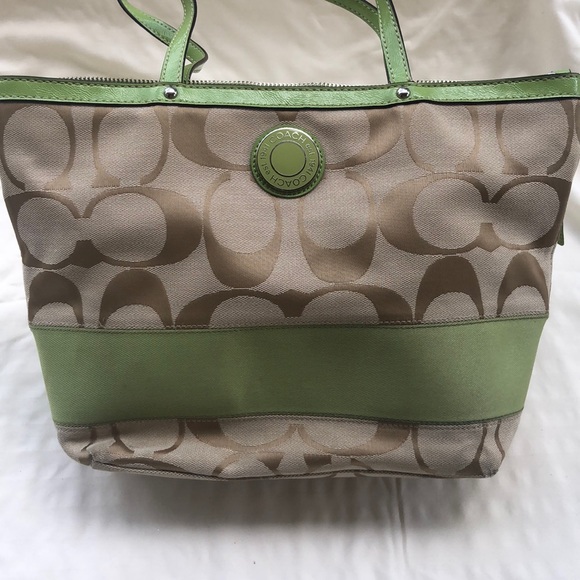 Coach Handbags - Coach Signature Tan and Lime Green Medium Tote